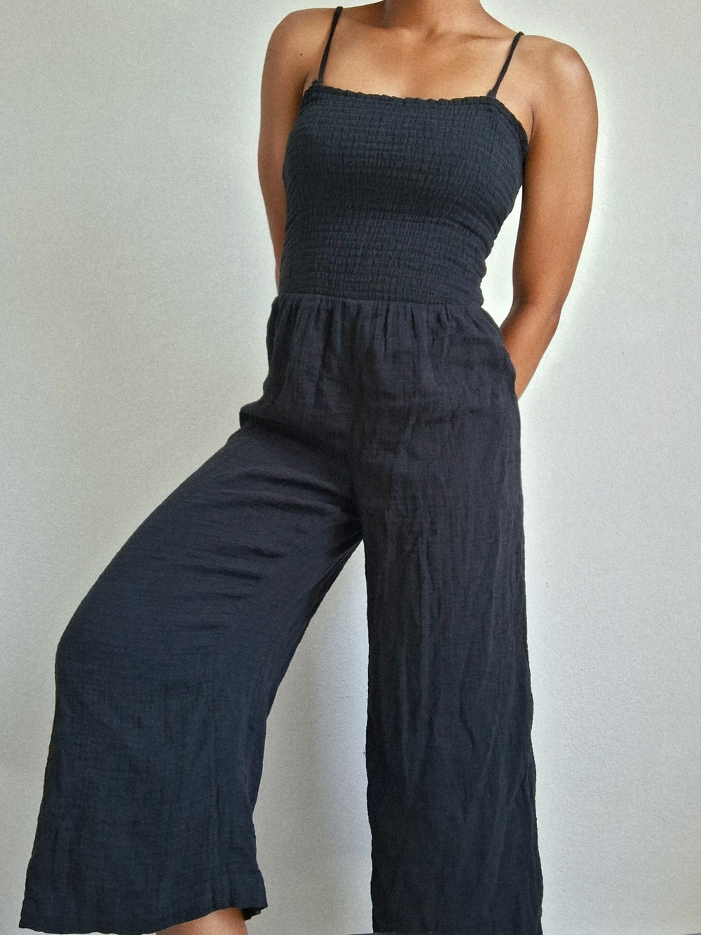 Women’s Black Wide-Leg Smocked Jumpsuit